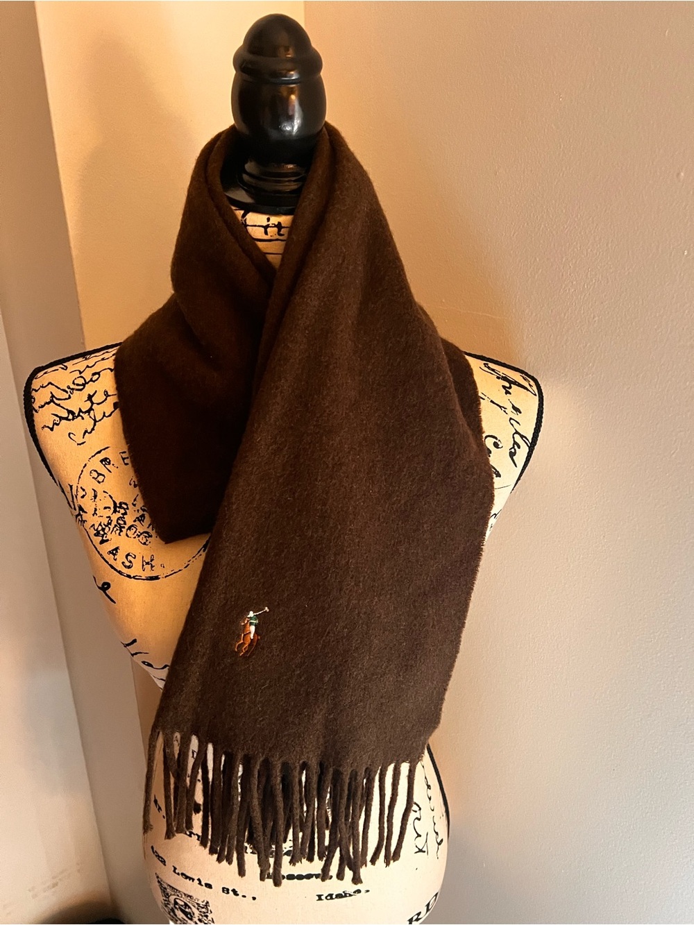 Ralph Lauren Brown Wool Polo Scarf with Fringe